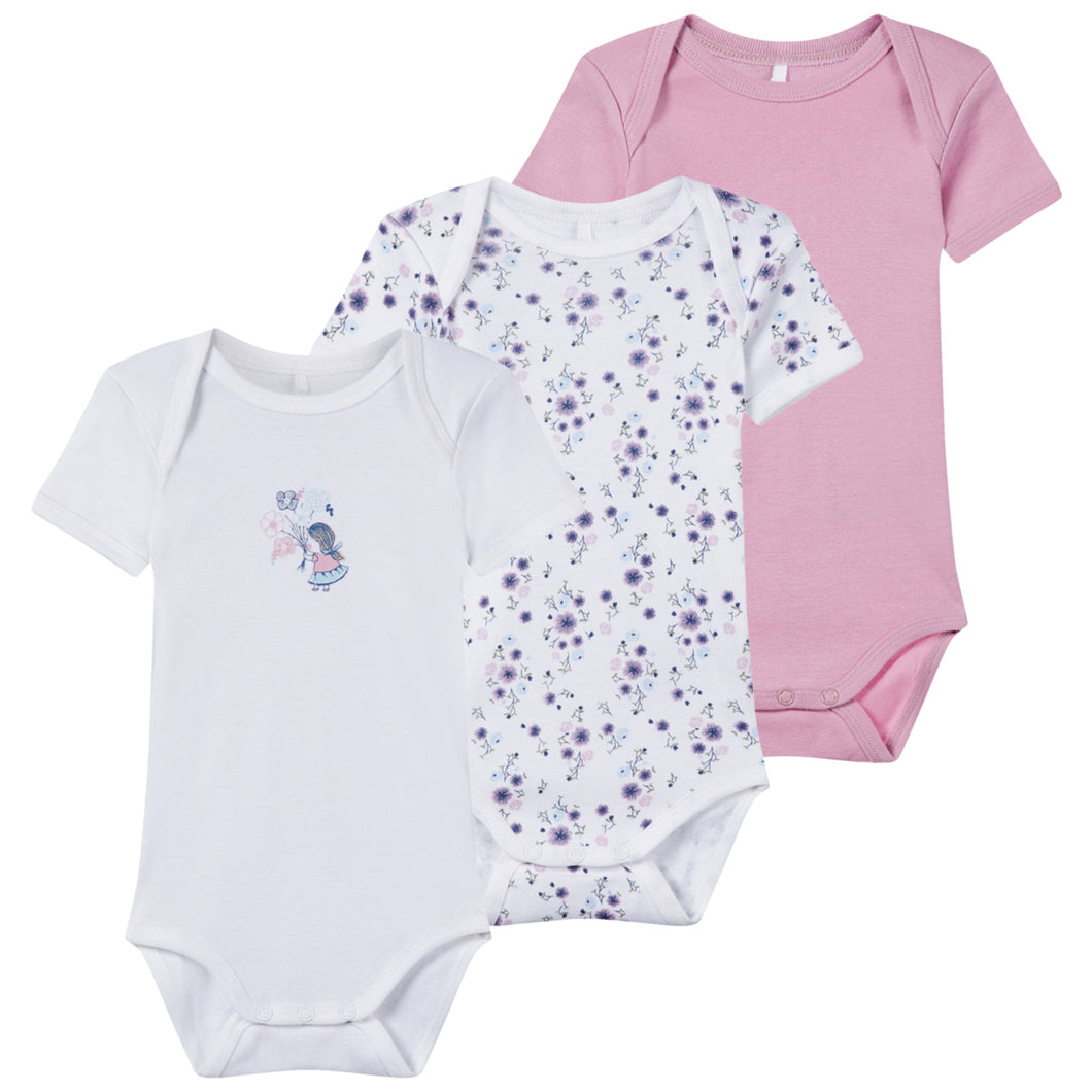 Name It Kinder NBFBODY 3P SS MAUVE MIST AOP Kurzarm-Body aus Baumwolle