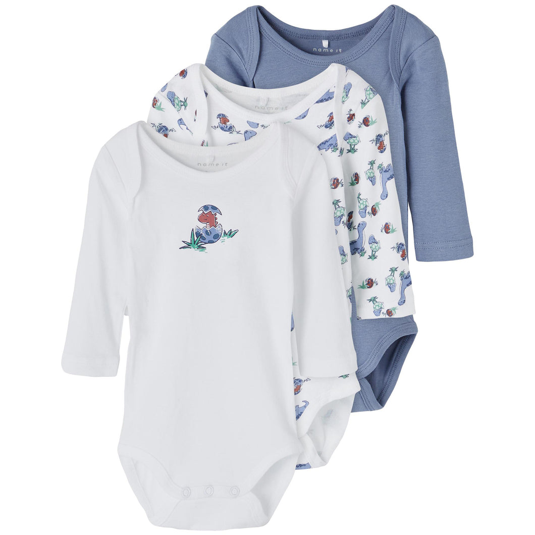 Name It Kinder NBMBODY 3P LS WILD WIND DINO NOOS Langarmbody 3er-Pack aus Bio-Baumwolle und Baumwolle